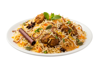 aromatic biryani plate with tender meat, saffron rice, mint garnish