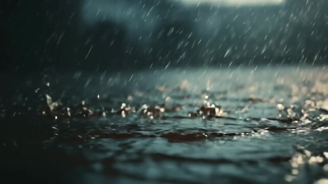 Rain droplets falling on a puddle of water on a dark surface outdoors