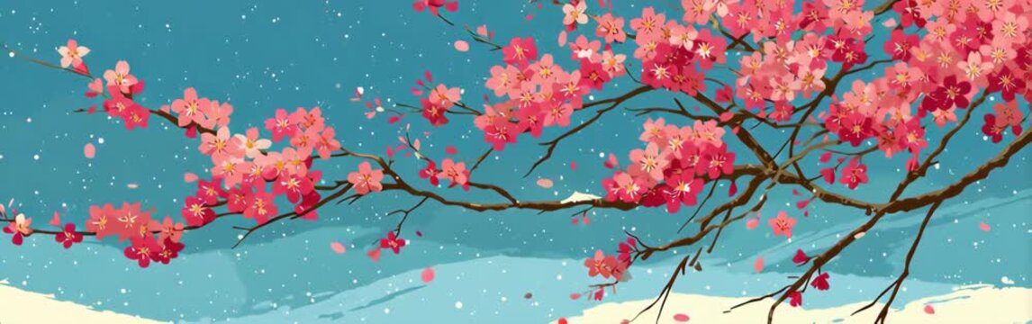 Vibrant pink cherry blossoms stretch across a teal sky with delicate snow-like specks drift softly!!