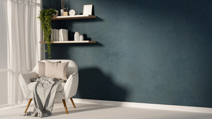 Obraz premium White sofa chair with grey cushion and blanket aside window curtain and hanging shelf on dark wall.