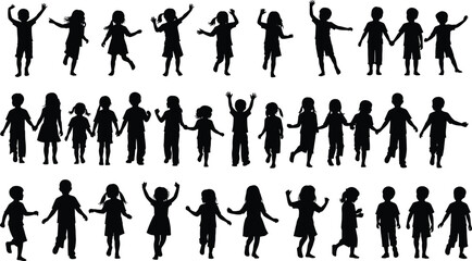 Fototapeta premium Silhouettes of Children in Varied Playful, Social, and Expressive Poses for Educational, Recreational, or Design Illustration Use