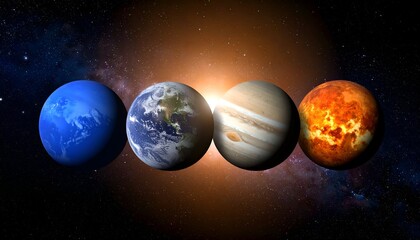 Four planets aligned against a bright sunburst background of stars