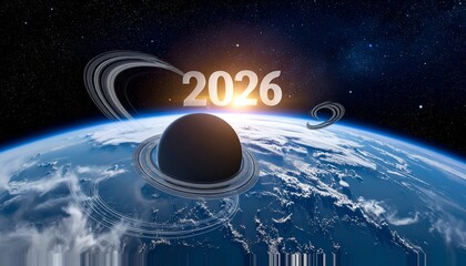 Spherical planet with rings and the date 2026 amidst a starry background