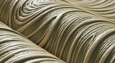 Detailed view of wavy ridged texture in muted greenishbeige with distinct fibrous strands