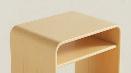 A close-up shot focuses on a light-colored wooden furniture piece with a curved, rounded and an integrated shelf, showcasing its smooth texture, natural wood grain, and minimalist, modern with soft