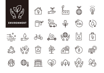 環境保護・サステナビリティを表すエコUIアイコンセット（黒線アウトライン）