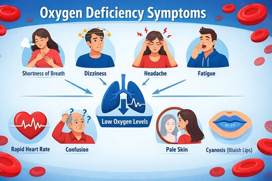 Oxygen deficiency symptoms illustration with Red Blood Cells flat infographic 