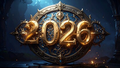 Ornate gold 2026 emblem against a glowing blue backdrop, intricate details