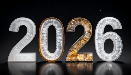 Illuminated numbers spelling 2026 on reflective surface, dark backdrop
