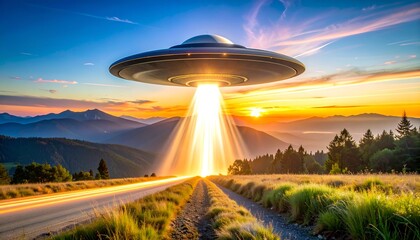 UFO over a road, with beam of light at sunset, hills in background