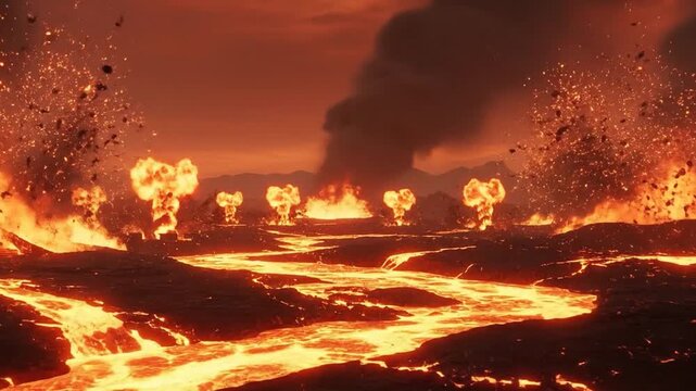 Apocalyptic Hell Landscape with Burning Magma, Fire, and Copy Space