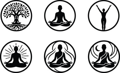 Yoga meditation silhouette icon set tree of life mindfulness wellness spiritual balance black circular vector symbols collection