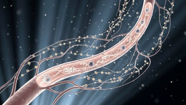 Intricate microscopic network of cellular structures illuminated under a dark - Powered by Adobe