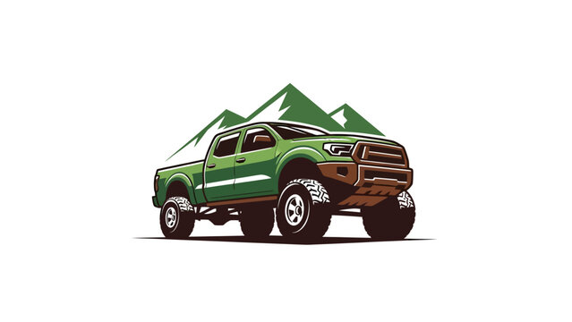 Green OffRoad Pickup Truck with Large Tires and Mountain Background.
