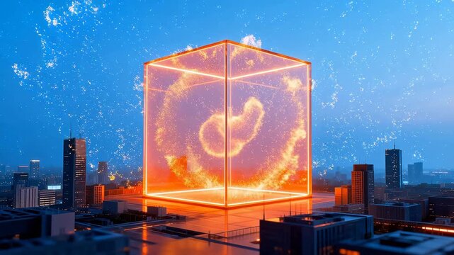 Glowing Cube in Urban Skyline