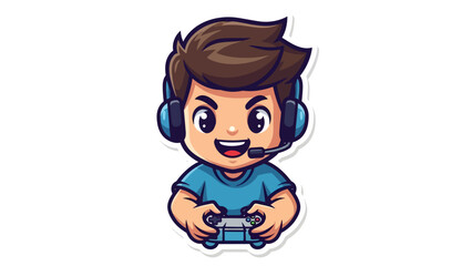 Happy young boy gamer playing video games with controller. © Rangga