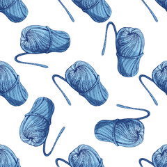 Hand drawn vintage seamless pattern of blue yarn skein and knitting thread ball