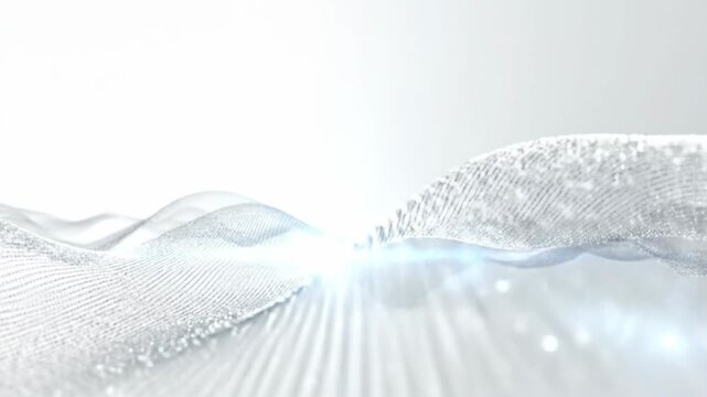 Abstract white digital landscape with flowing lines and particles.
