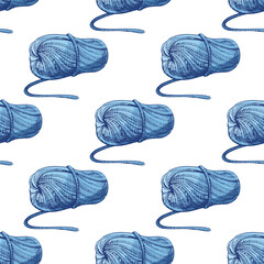 Hand drawn vintage seamless pattern of blue yarn skein and knitting thread ball