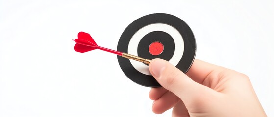 Hand aiming at bullseye with a dart.