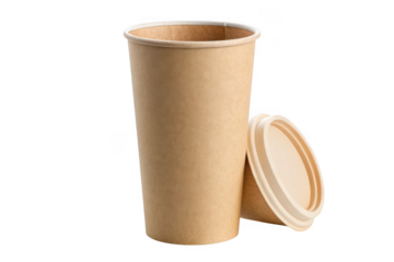 Tall kraft paper cup with lid isolated on transparent background