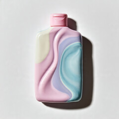 High-quality AI image of a pastel shampoo bottle, shot from above on a white background.	
