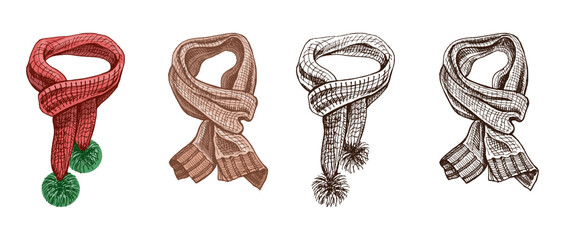 Hand drawn vintage sketch of wool scarves in color and monochrome versions, knitted winter accessories vector set