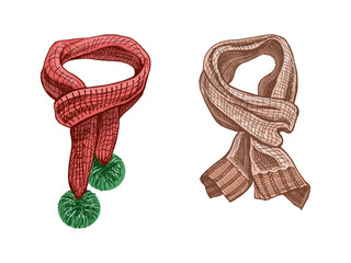 Hand drawn vintage sketch of two knitted winter scarves in red and beige colors, isolated vector illustration