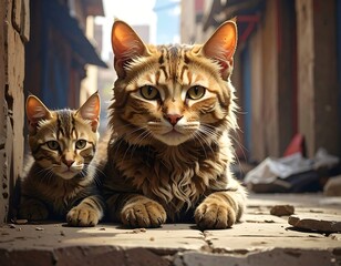 Two felines, a kitten and adult, pose serenely on aged bricks in a weathered alleyway with a diffused light and neutral tones