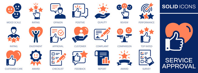 Plakat Service approval icons illustrating feedback evaluation, quality perception, user response and performance assessment.