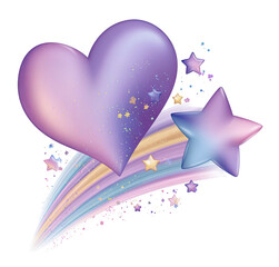 Pastel Purple Heart and Star Clipart with Rainbow Swirl Isolated on Transparent Background