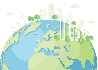 Green sustainable city on earth illustration with renewable energy eco buildings global environment future climate concept design