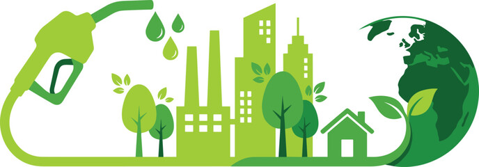Green eco fuel concept illustration with sustainable city renewable energy environment earth leaves clean future design climate technology urban solution
