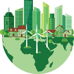 Green sustainable city illustration with wind energy eco houses urban skyline earth concept renewable environment future design