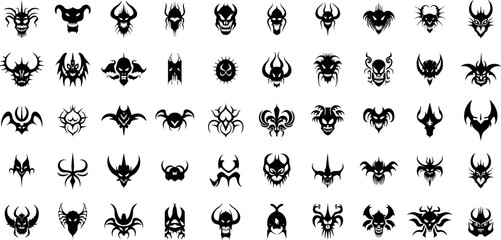 Gothic Demon Mask Symbols Set, Dark Fantasy Tribal Emblem Collection Black Silhouette Vector Illustration