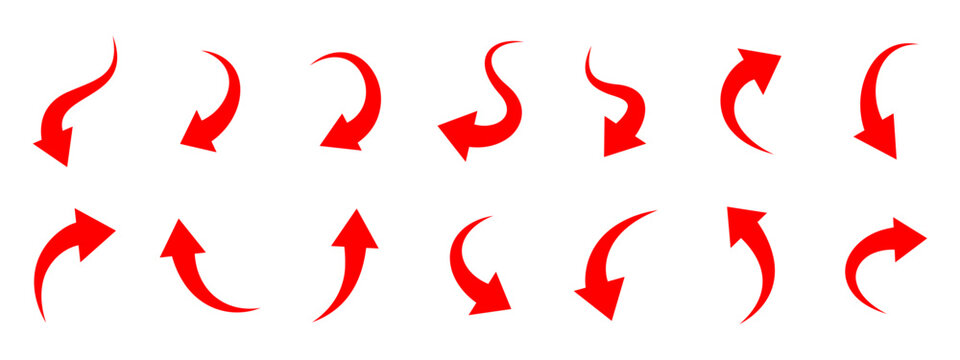 Red curved arrow icons. Minimal vector arrows for direction, motion and infographic design