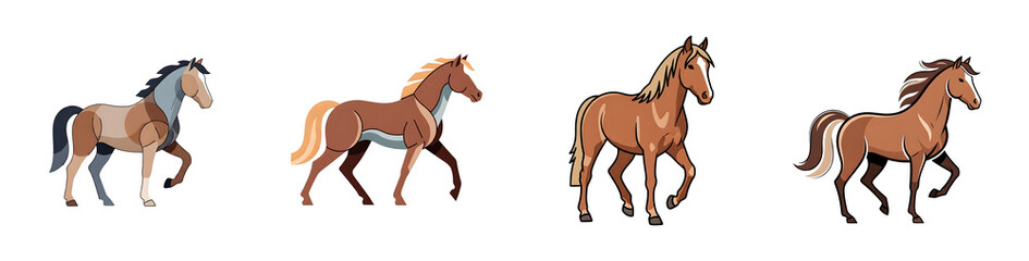 Obraz premium Four stylized illustrations of horses in a row evolving in artistic style from geometric to cartoon against a white background