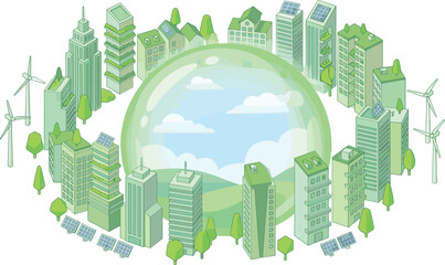 Green sustainable smart city illustration with eco buildings, renewable energy, solar panels, wind turbines, environmental protection, future urban concept