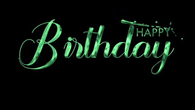 happy birthday animation with elegant shimmering green cursive and handwriting animated text suitable for birthday greetings, cards, invitations, banners, and social media posts.