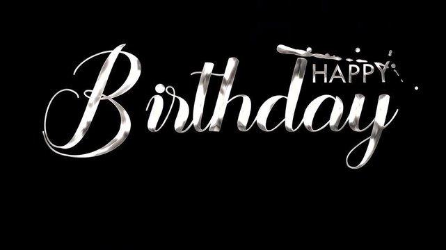 happy birthday text in silver cursive animation with handwriting style. Ideal for elegant birthday celebrations invitations, cards, and banners.