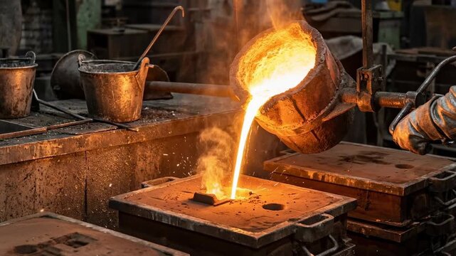 Molten metal foundry casting furnace pouring heat sparks glowing stream fiery flow capture intense industrial craft worker safety fire pour into sand