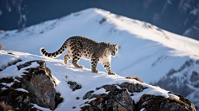 Snow leopard on mountain peak
