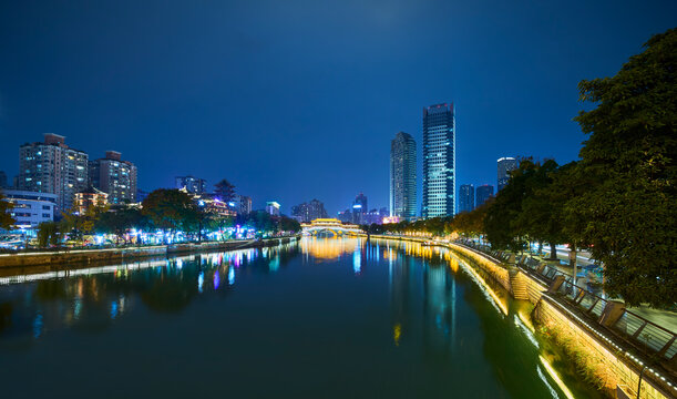 Chengdu skyline and reflecting in the Jin River at night