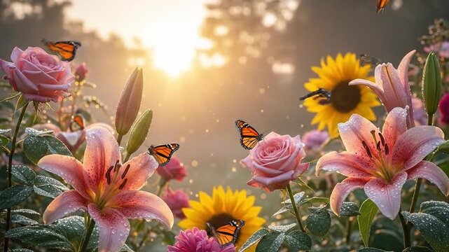 Time-Lapse of Garden Flowers and Butterflies at Sunrise