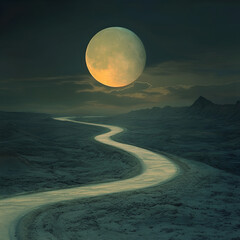 Moon Path, Night Journey, Silent Road, Dreamscape Trail, Lunar Way, Mystic Landscape, Calm Night, Fantasy Path, Dark Serenity