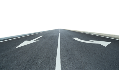 Asphalt road showing directional arrows on white background
