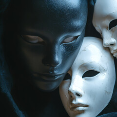 wo Faces, Hidden Identity, Dual Mask, Inner Self, Human Nature, Secret Persona, Dark Truth, Psychological Art, Contrast Face