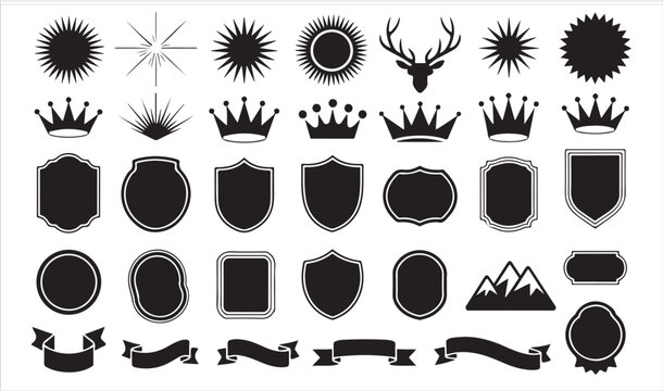 Emblem icon set shields crowns ribbons sunbursts and frames black vector silhouettes