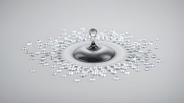 globules. Mercury droplet scattered into silvery beads on a smooth, reflective surface. STEM education sheets, lab safety posters, designed for biotech research communications, used by architects.
