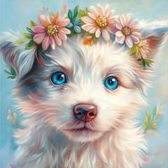 Cute Puppy, Floral Dog, Baby Dog Art, Soft Pet, Dreamy Puppy, Sweet Animal, Puppy Portrait, Adorable Pet, Fantasy Dog